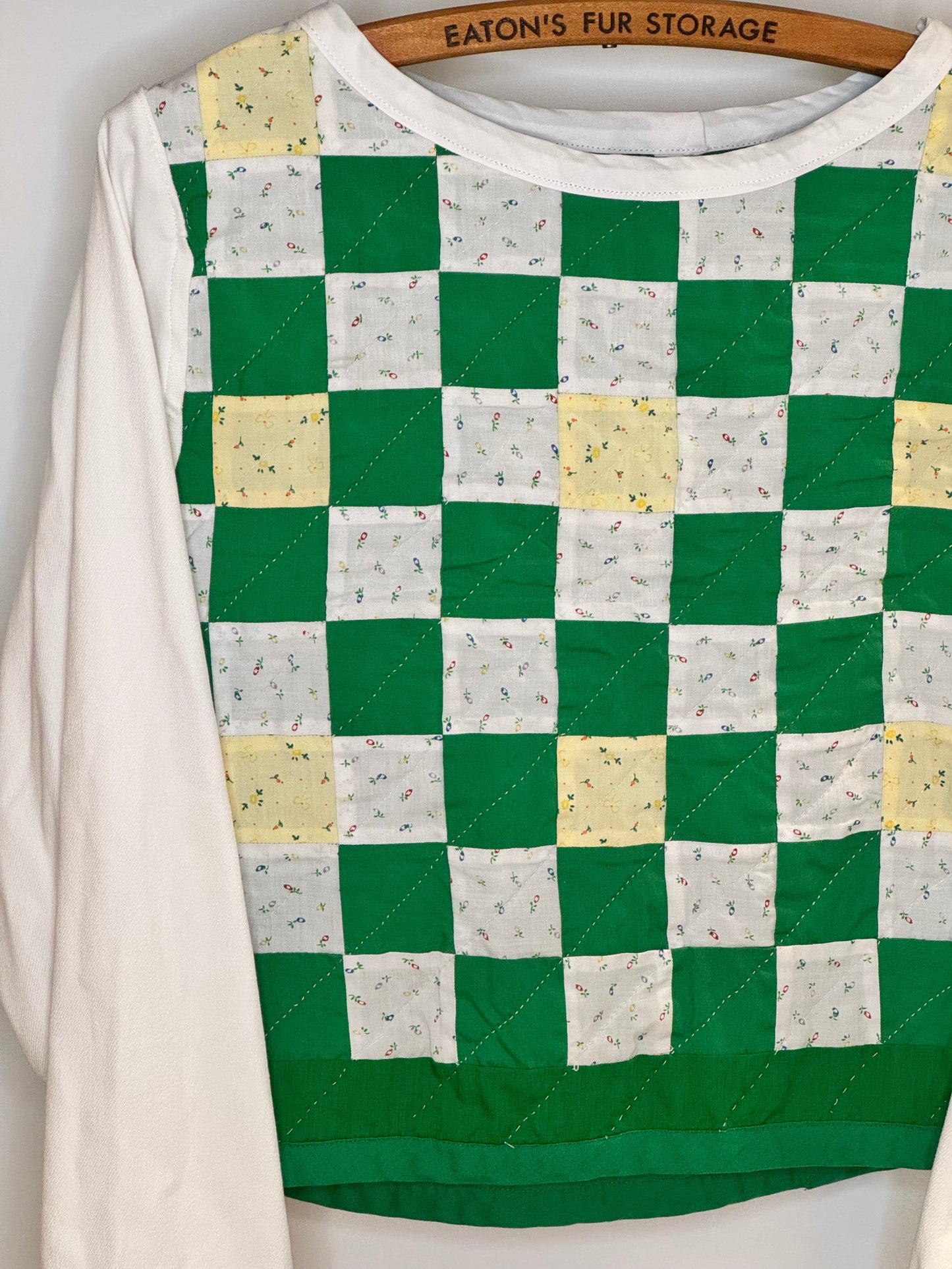Lucky Penny Pullover - Vintage Green Checkerboard Quilt Upcycled