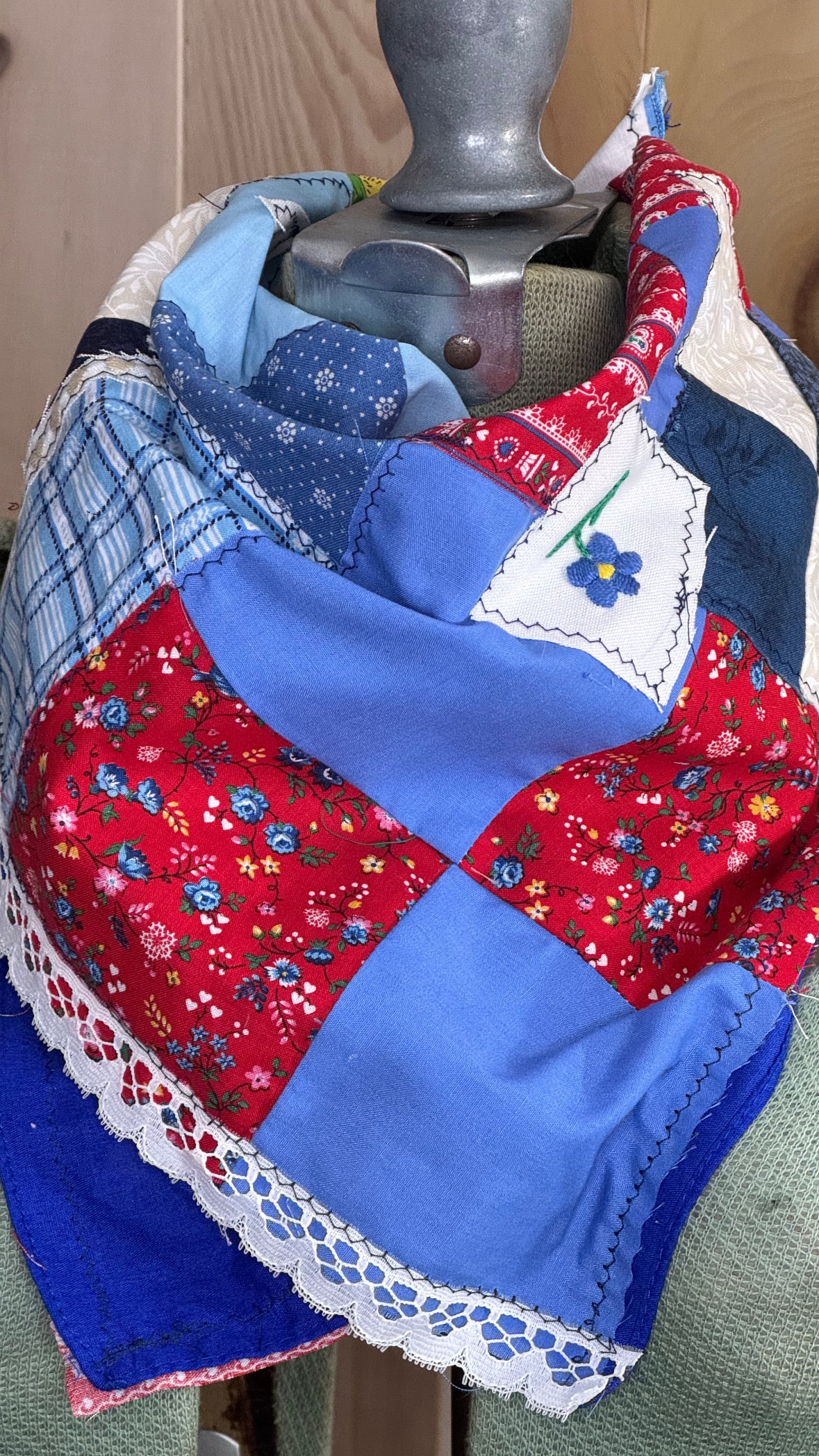 Red Rover Quilt Bandana - Vintage Red Patchwork Upcycled Fabric