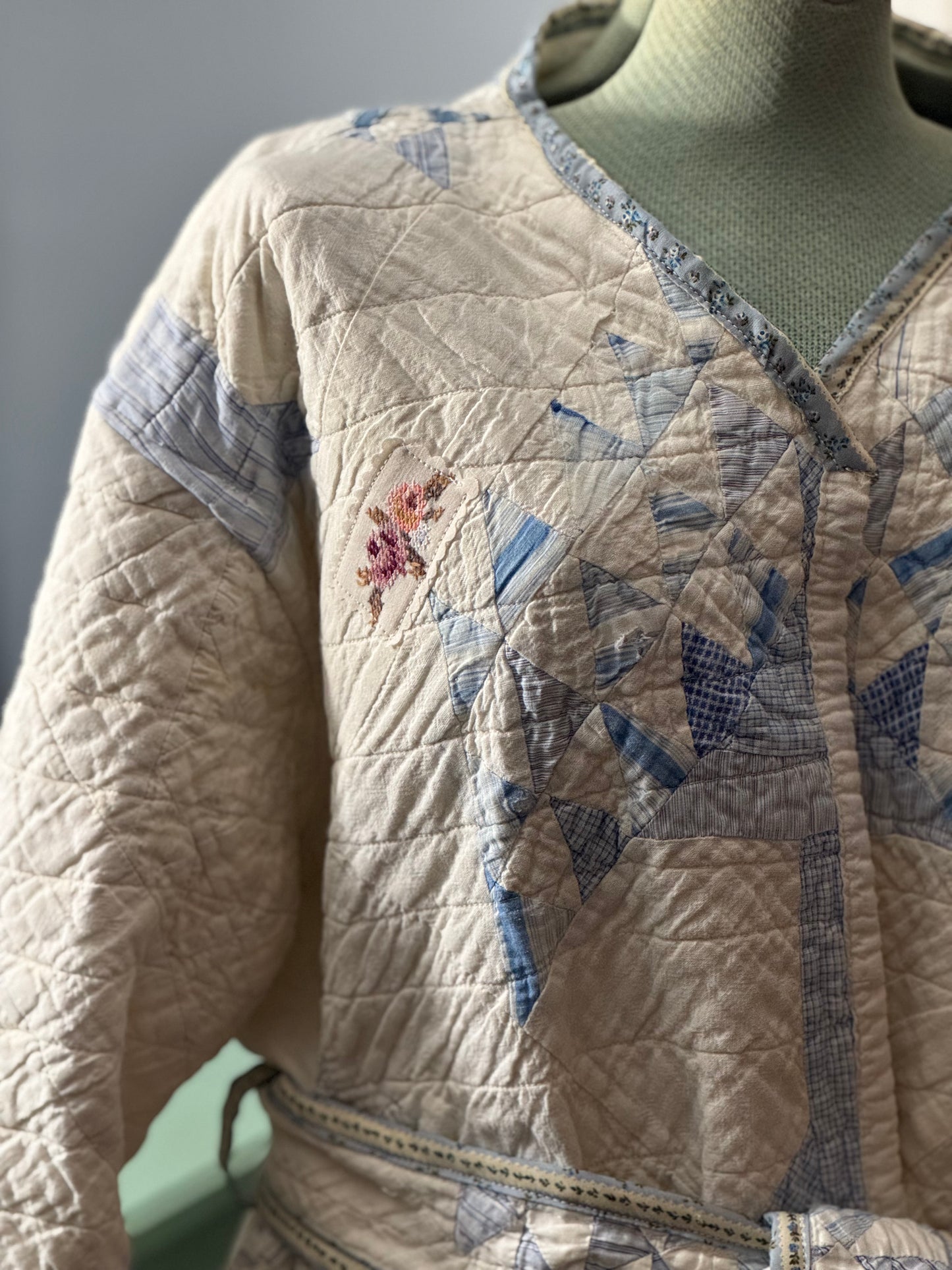 The Quiet Compass Quilt Coat - Vintage Nautical Blue Patchwork Upcycled