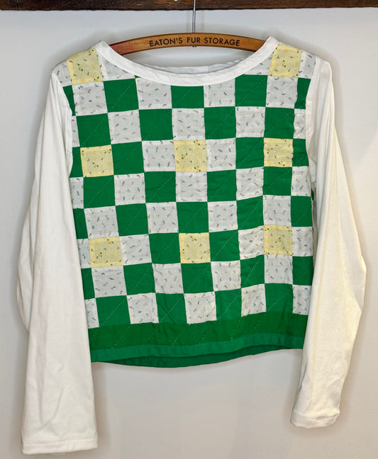 Lucky Penny Pullover - Vintage Green Checkerboard Quilt Upcycled