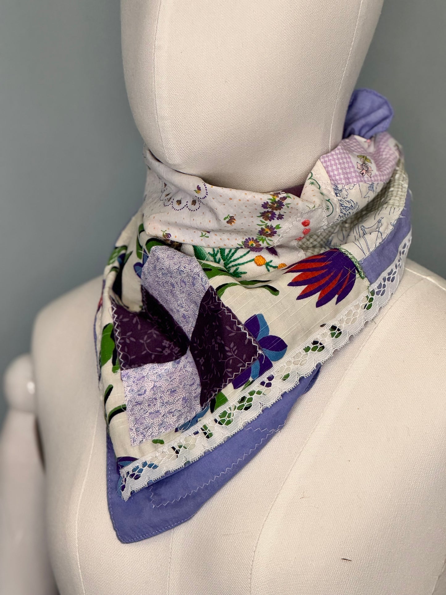 Playtime Patchwork Bandana - Vintage Purple Cream Upcycled Fabric