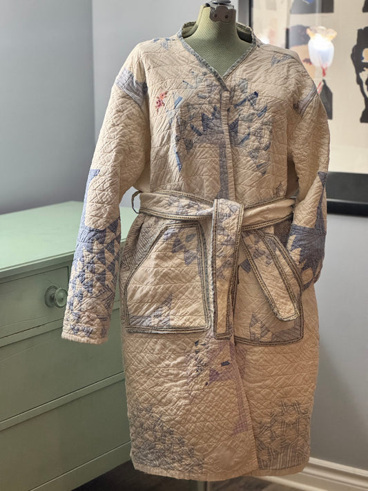 The Quiet Compass Quilt Coat - Vintage Nautical Blue Patchwork Upcycled