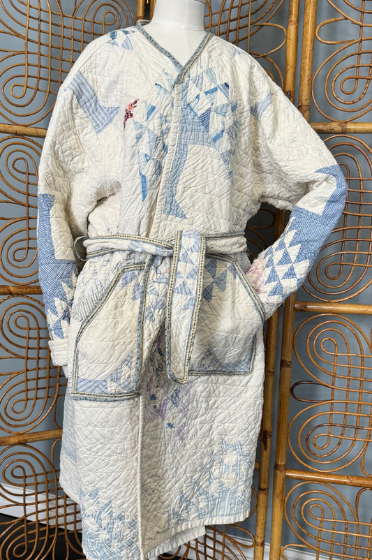 Flying Geese Heirloom Coat - Vintage Blue White Quilt Coat