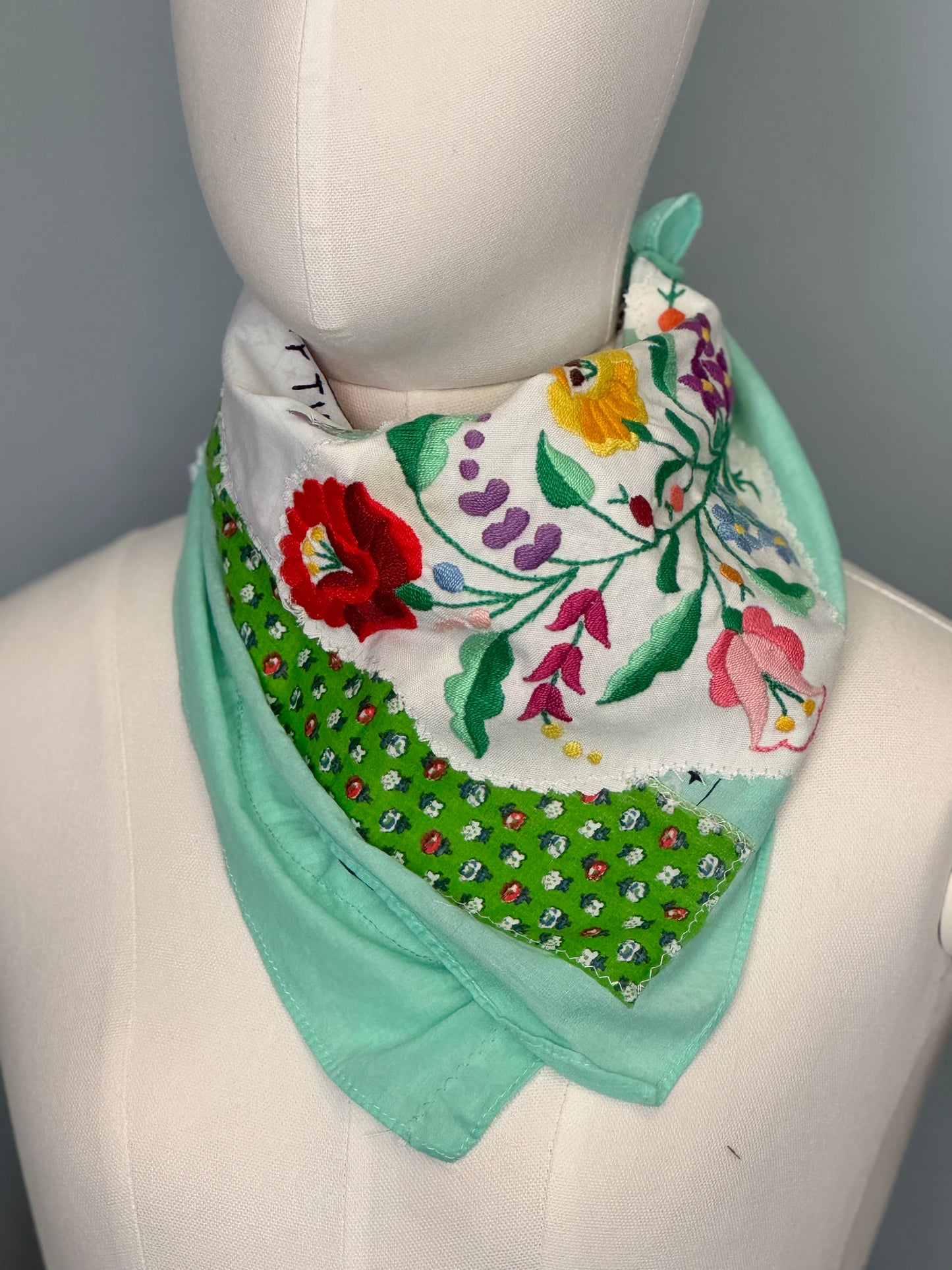 Garden Keepsake Bandana - Vintage Embroidered Linen Upcycled Fabric