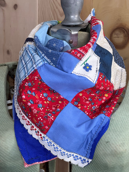 Red Rover Quilt Bandana - Vintage Red Patchwork Upcycled Fabric