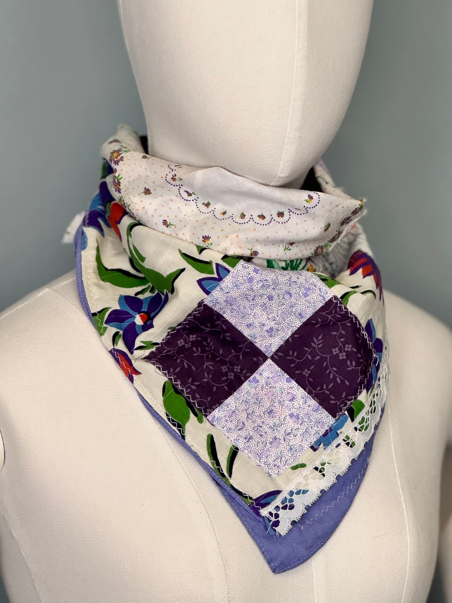 Playtime Patchwork Bandana - Vintage Purple Cream Upcycled Fabric