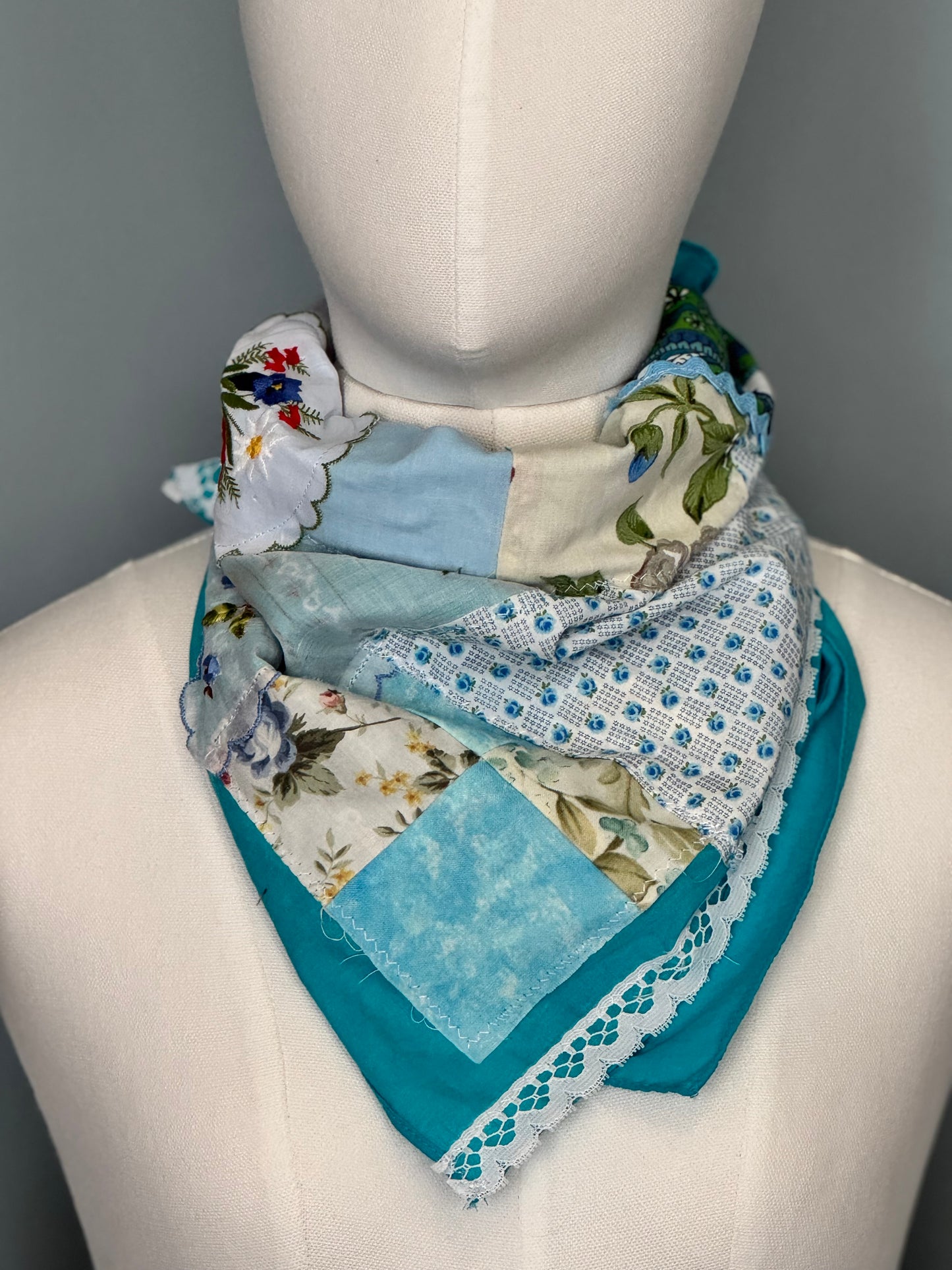 Bluebird Patchwork Bandana - Vintage Blue Green Upcycled Fabric