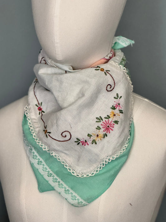 Garden Keepsake Bandana - Vintage Embroidered Linen Upcycled Fabric