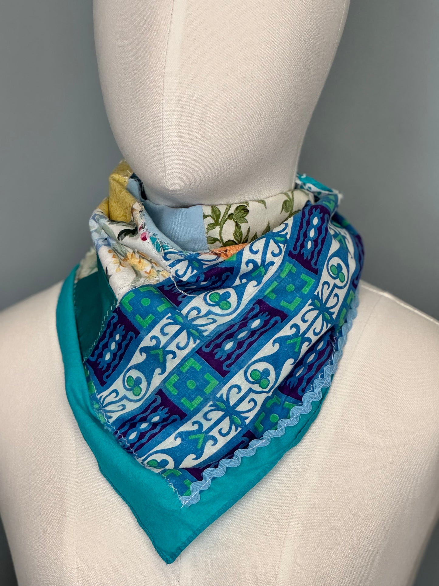 Bluebird Patchwork Bandana - Vintage Blue Green Upcycled Fabric
