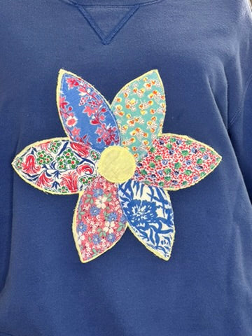 Navy Flowers Sweatshirt - Vintage Quilt Appliqué Design