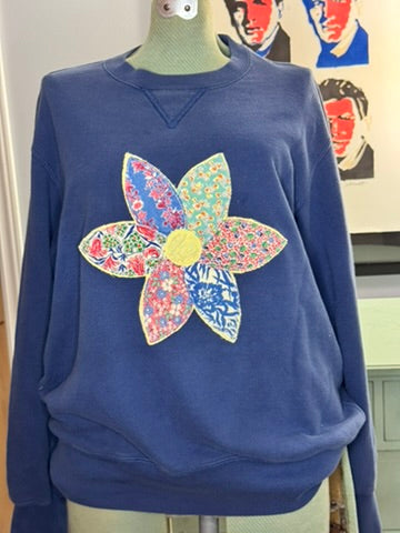 Navy Flowers Sweatshirt - Vintage Quilt Appliqué Design