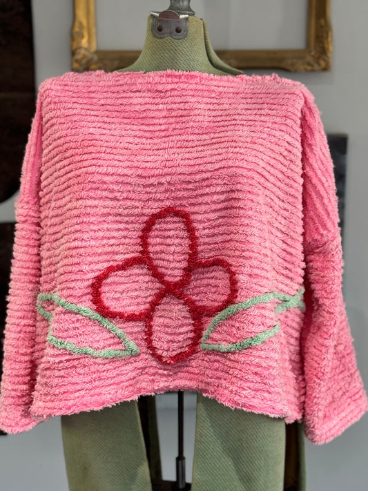 Cherry Blossom Chenille Top - Vintage Hot Pink Chenille Bedspread Fabric